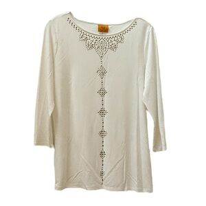 Ruby Rd. Cream Embellished Blouse with 3/4 Sleeves